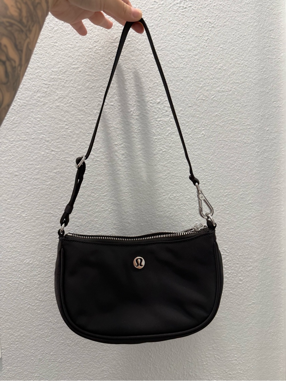 Lululemon City Essentials Black Shoulder Pouch with Silver Hardware